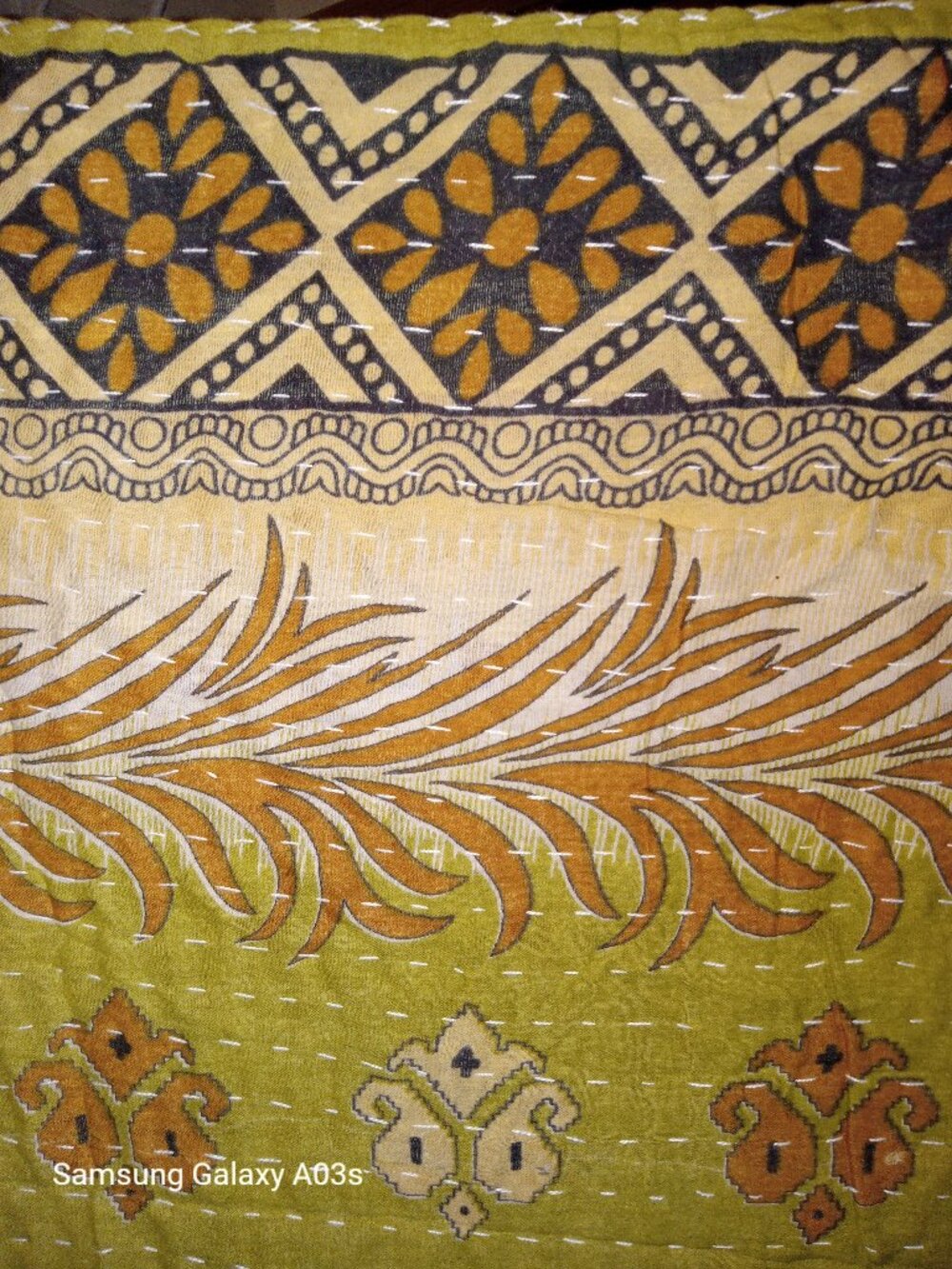 Kantha Quilt Light Green Tan Ferns 54" x 86" Premium 3 Layer Cotton K163.